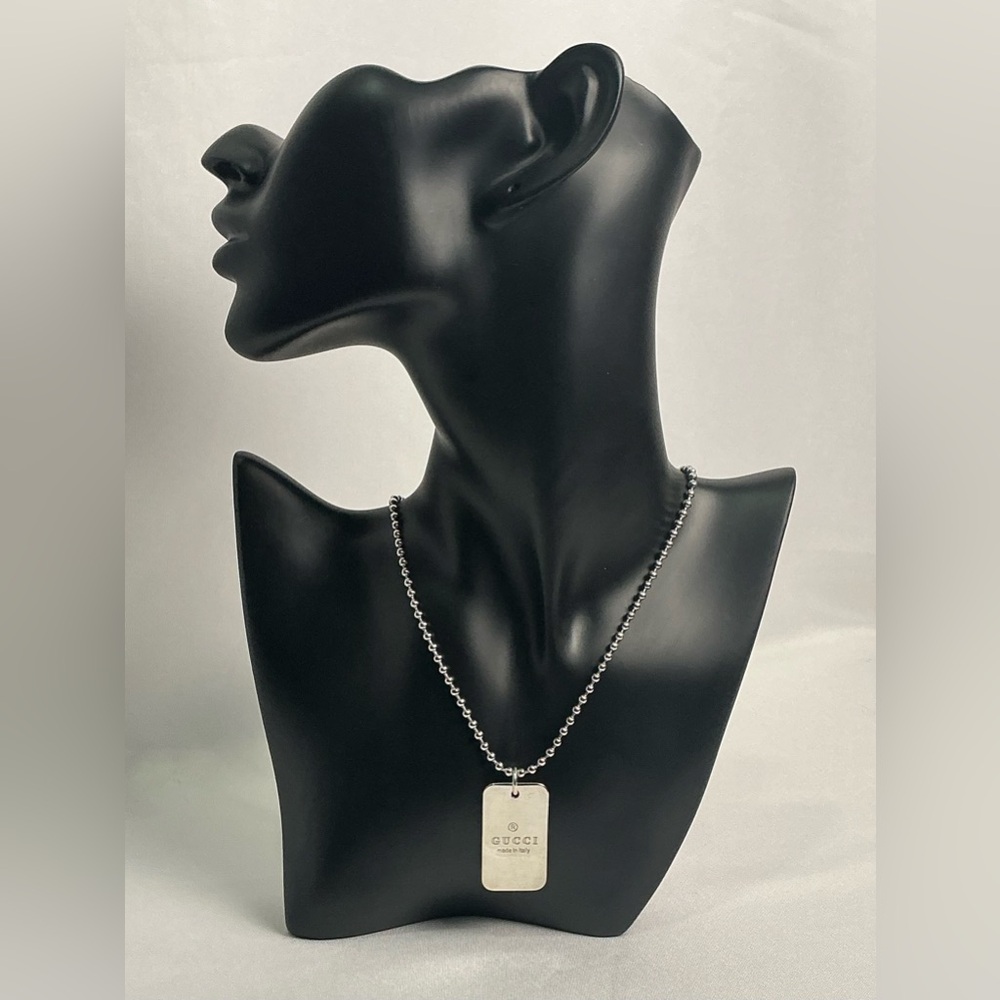 Gucci Silver 925 Dog Tag Pendant Necklace Ball Chain
